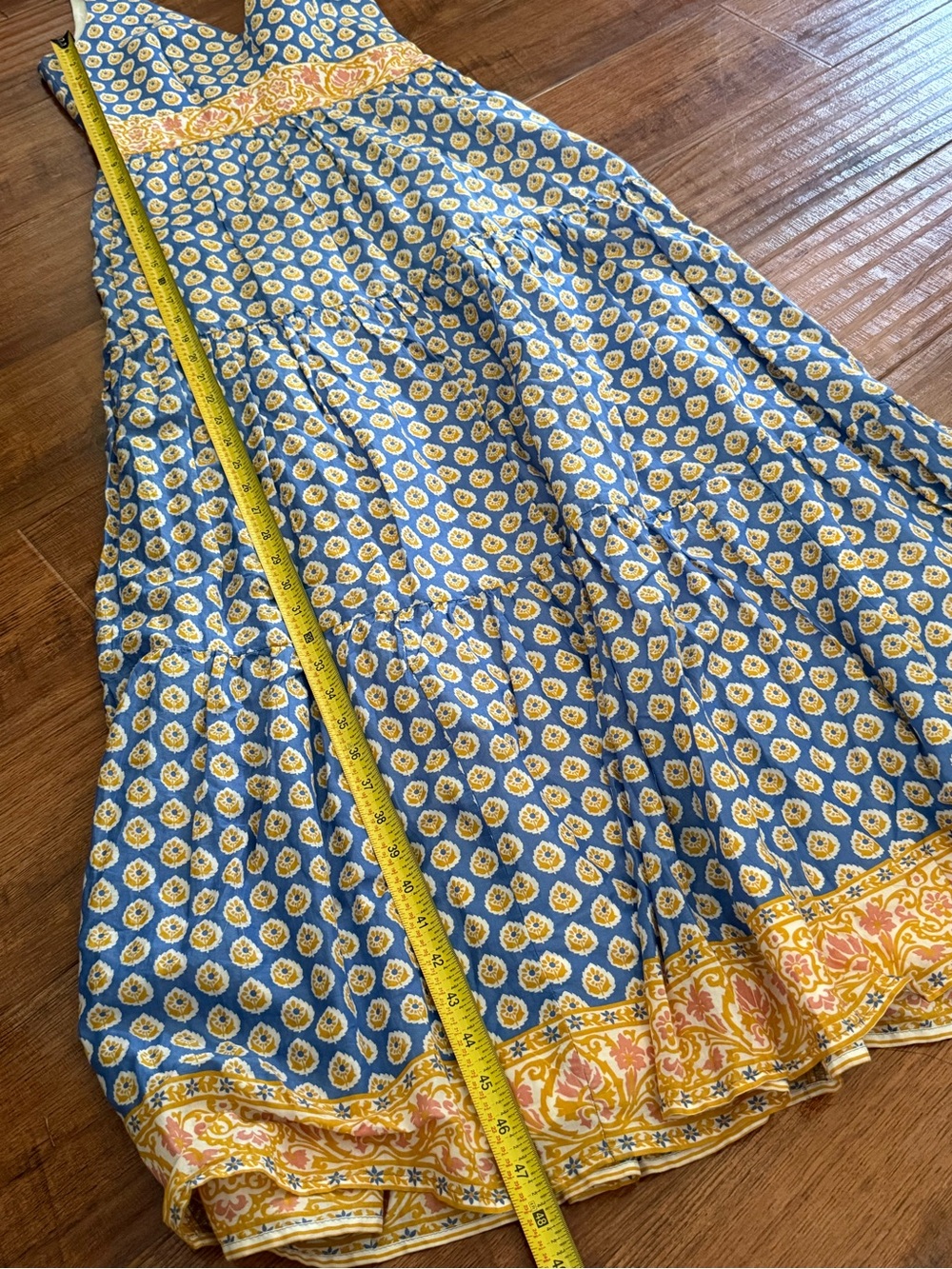Point Sur (J. Crew) block print tiered maxi dress blue white yellow womens 4 - Picture 7 of 15